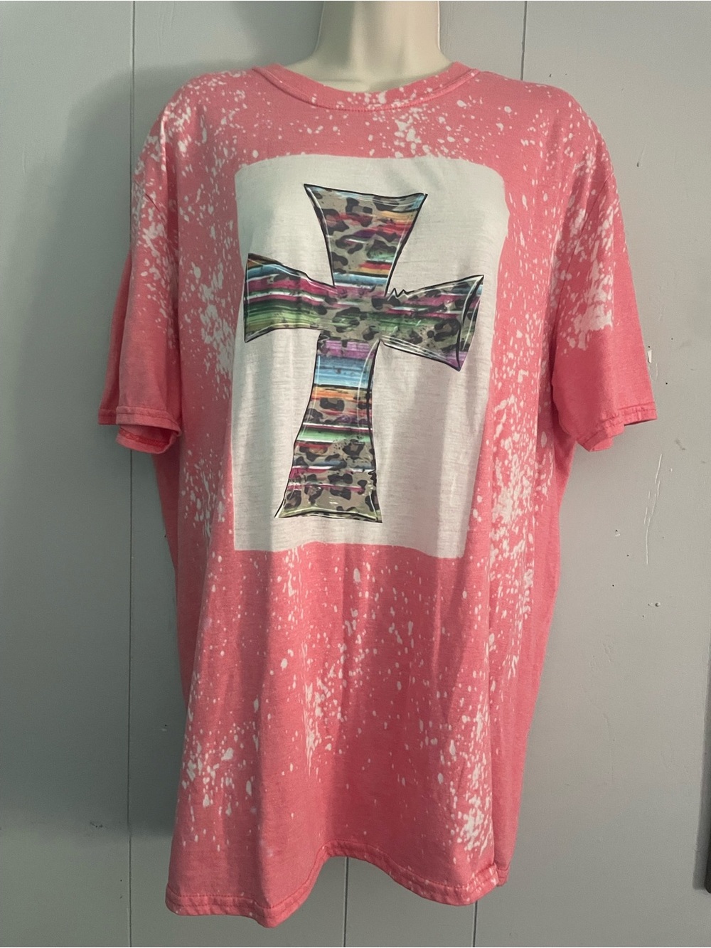 Gildan Pink Bleach-Splatter Tee with Multicolor Cross Graphic